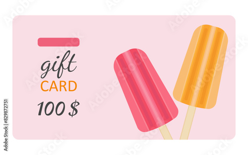 Gift card pink with text for summer. Red strawberry and orange fruit ice cream pink background. Vector cartoon illustration. Certificate for 100 dollars. Voucher for the purchase of goods. Summer time