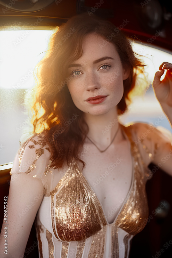 Φωτογραφία woman with red hair and freckles is posing for a photo in a car