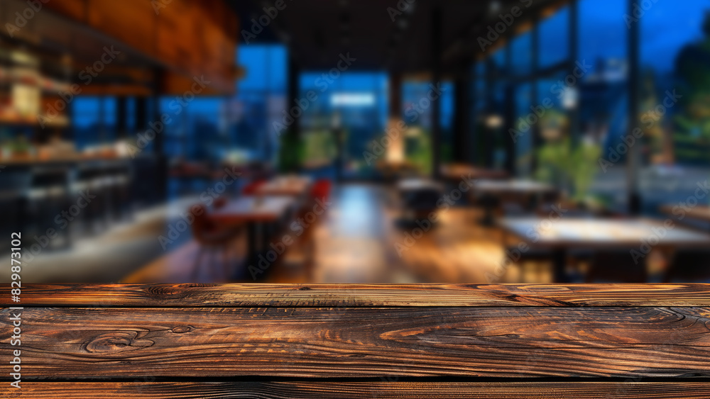 Foreground showcasing an unoccupied wooden table, set against blurry background of lively restaurant at night. The table provides an excellent backdrop for food product displays or advertisements