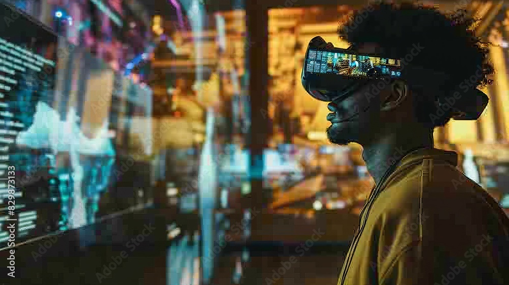 Obraz premium People using AR glasses to explore an American museum, with interactive exhibits and information overlays, in a vibrant, engaging style. --ar 16:9 --style raw