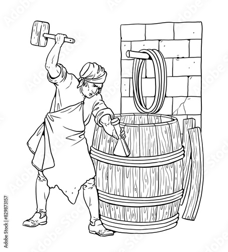 Drawing of a medieval cooper at work. Journeyman cooper makes a large barrel.
