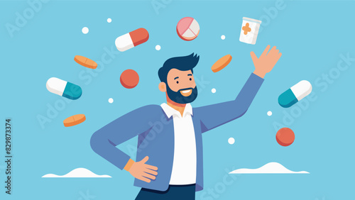 With a smile on his face a man throws out a stash of diet pills embracing a healthier and more sustainable weight loss journey.. Vector illustration