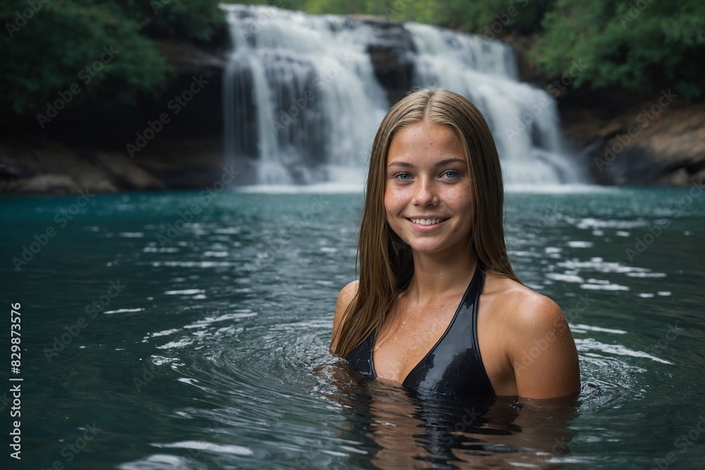 Young woman at waterfall in Bali Young woman at waterfall in Bali
