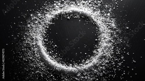 Top view of Sodium Hydroxide granules forming a neat circle on a black surface, isolated background, studio lighting photo