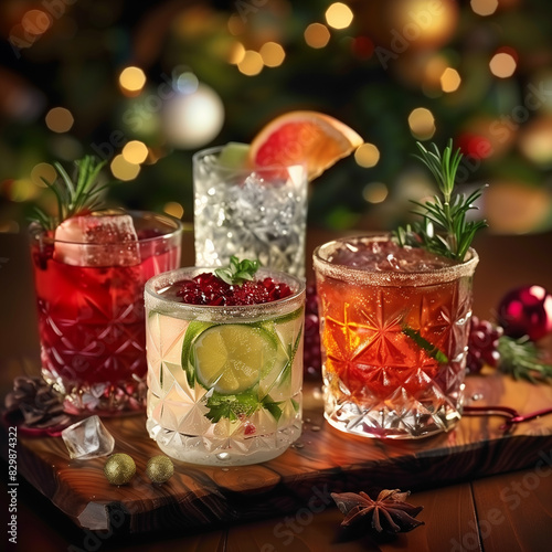 three glasses of different types of cocktails on a wooden tray