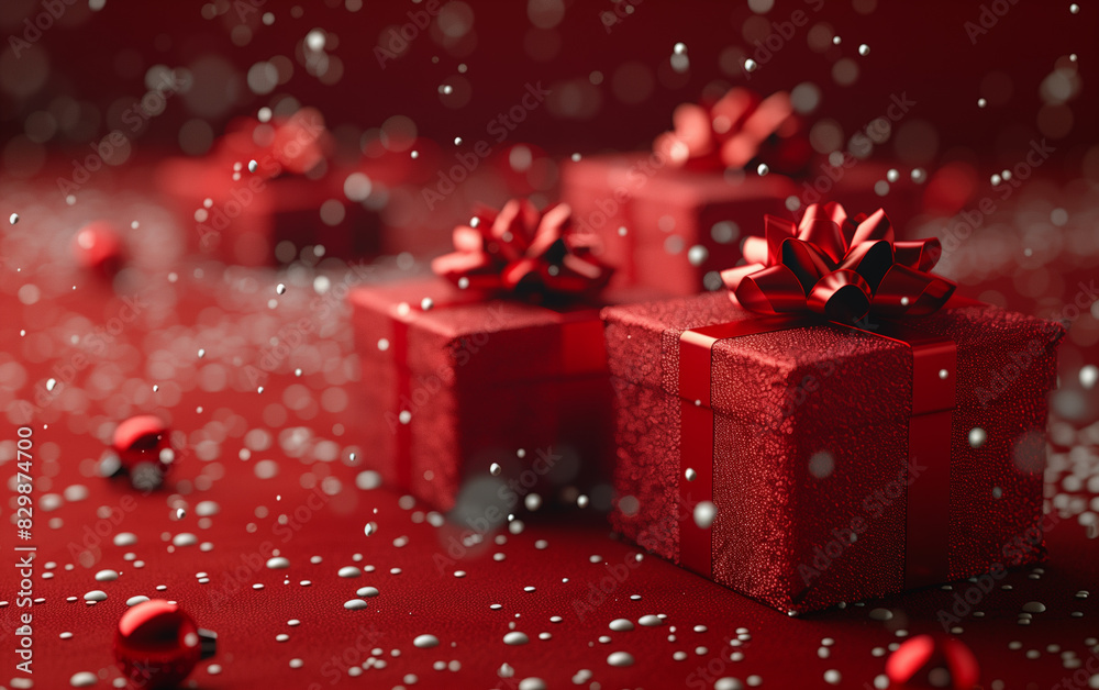 there are many red presents with bows and balls on a red surface