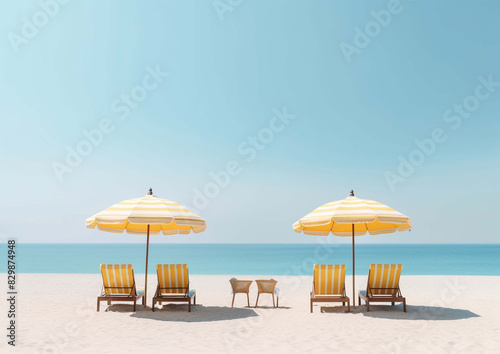 Beach chairs and twin yellow umbrellas on the sand at a beach. Minimalistic. 
