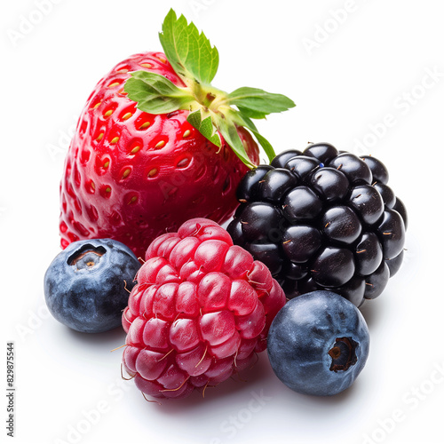 there are a few berries and a strawberry on a white surface