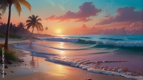 a serene tropical beach at sunset