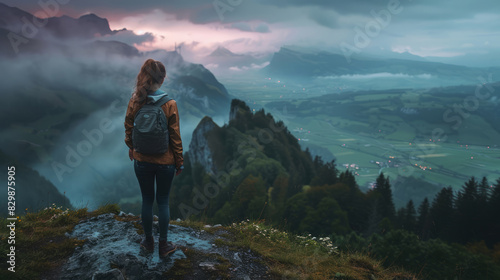 Woman hiking in misty mountains overlooking scenic valley at sunrise