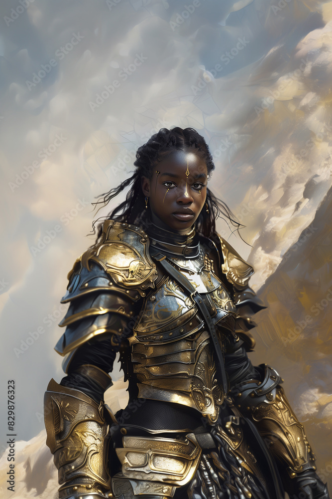there is a woman in armor standing in front of a cloudy sky