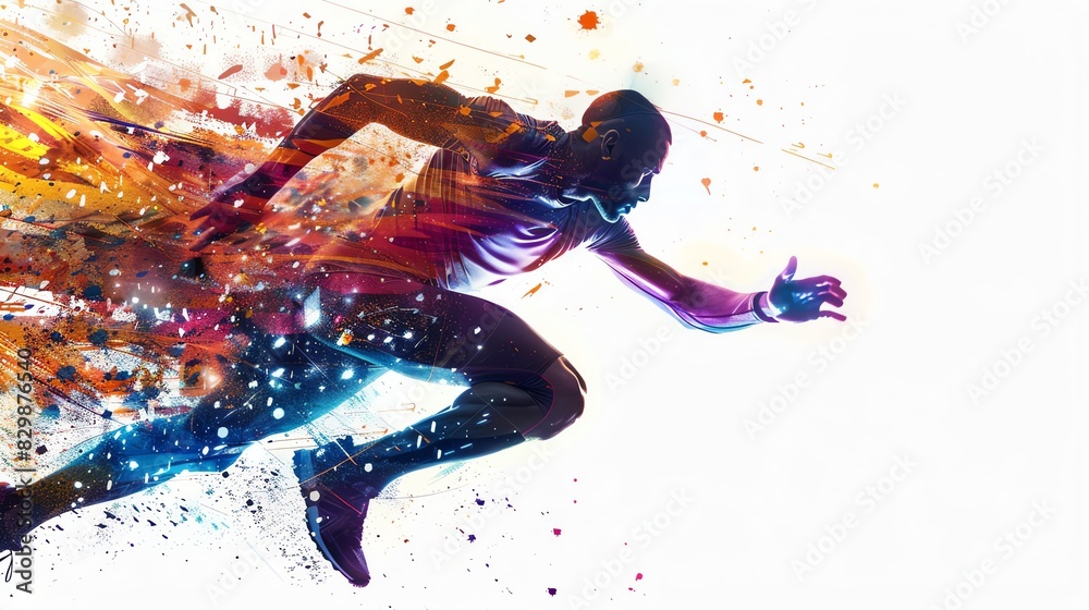 Runner sprinting, isolate on white background, close up, vibrant colors, Double exposure silhouette with speed and energy