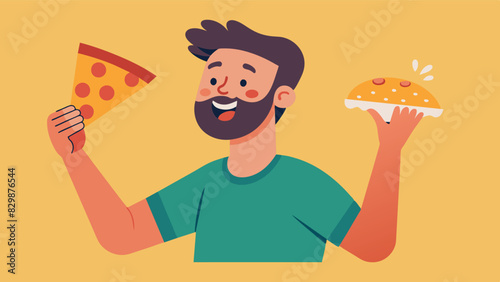 A man happily indulging in a slice of pizza rejecting the restrictive and unhealthy dieting practices of the fitness industry.. Vector illustration