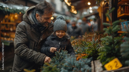 A heartfelt moment as a father and son bond while selecting a Christmas tree at an outdoor market