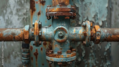 Macro shot of a heating valve attached to water pipes  highlighting the textures of the metal and the concrete wall behind it