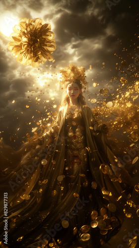 there is a woman in a golden dress and a sunflower