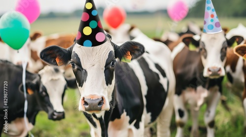Cows wearing party hats and balloons in the background, celebrating in a field. Fun and festive farm animals enjoying a special occasion.