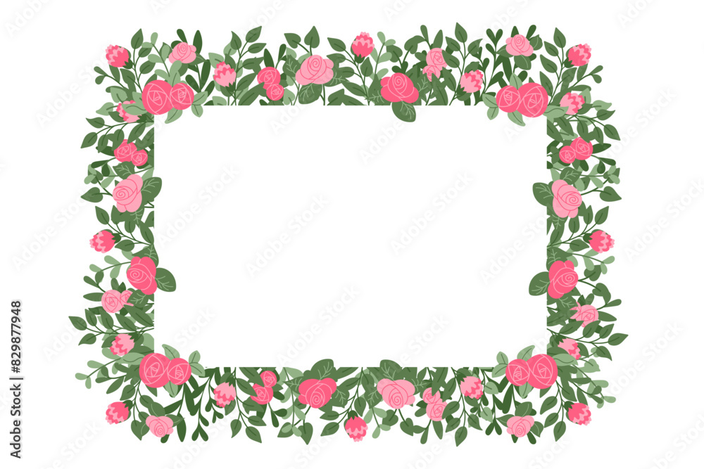 Romantic floral banner template or greeting card with copy space Summer flat stylized flowers isolated on white background. Trendy print design for interior decor