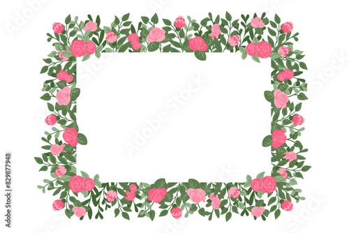 Romantic floral banner template or greeting card with copy space Summer flat stylized flowers isolated on white background. Trendy print design for interior decor