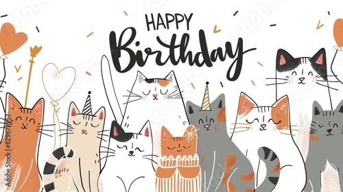Cute cats with party hats and festive decorations celebrating a happy birthday, perfect for greeting cards or fun birthday postings.