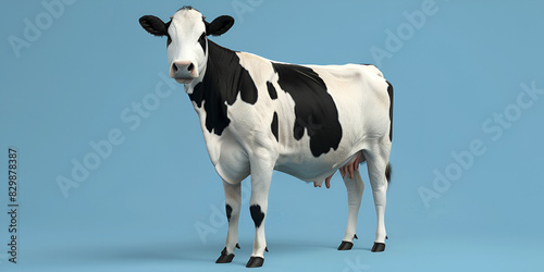 Black White Cow on blue Background. Milk, Meat, Beef, Ranch, Farm.