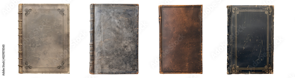 Fototapeta premium Mockup of isolated books with blank black and brown cover on a transparent background. Set of 4 classic antique old books in front view and isometric view.