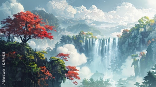 An imaginative landscape where gravity seems to defy itself, with waterfalls flowing upwards into the sky. The surreal scenery is depicted in a clean and simplistic digital style, highlighting the