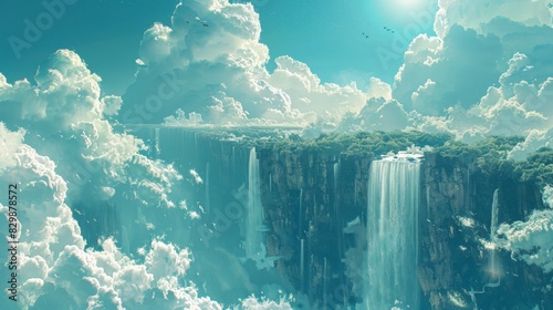 An imaginative landscape where gravity seems to defy itself, with waterfalls flowing upwards into the sky. The surreal scenery is depicted in a clean and simplistic digital style, highlighting the photo