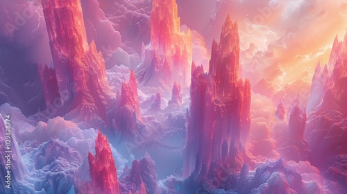 A fantastical landscape featuring towering, translucent spires that reach towards a sky filled with swirling colors. The ethereal and surreal scenery is depicted with simplicity and elegance in this photo