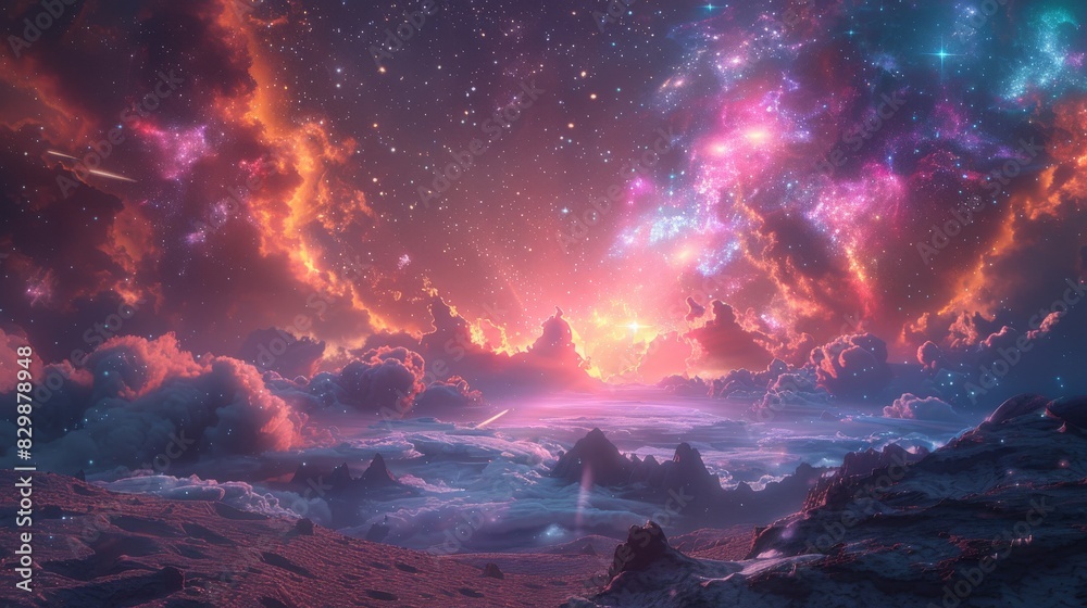 Cosmic scenery of a distant galaxy with vibrant, swirling colors and distant stars illuminating a rocky, alien terrain. The surreal and mystical elements are captured in a clean and simplistic