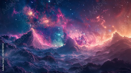 Cosmic scenery of a distant galaxy with vibrant, swirling colors and distant stars illuminating a rocky, alien terrain. The surreal and mystical elements are captured in a clean and simplistic photo