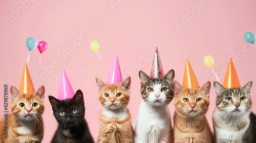 Six adorable cats celebrate with festive party hats against a pink background. Perfect for birthday or celebration-themed content.