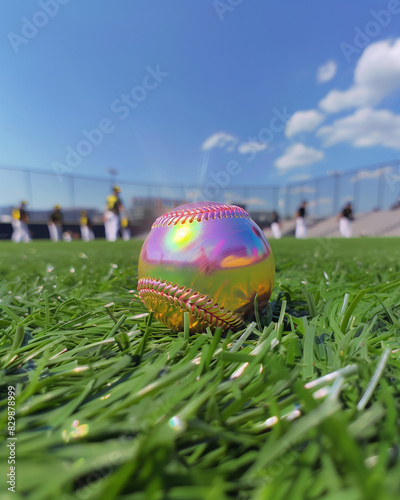 there is a baseball on the grass with a baseball in the background