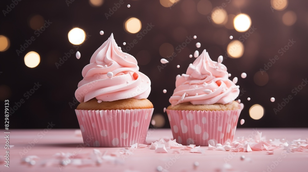 Delicious Cupcakes with Pink Frosting and Sprinkles in a Bokeh Background Delicious Cupcakes with Pink Frosting and Sprinkles in a Bokeh Background