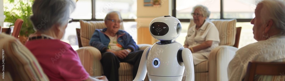 Elder care robot interacting with seniors in a nursing home, providing companionship and assistance Elder care robot interacting with seniors in a nursing home, providing companionship and assistance