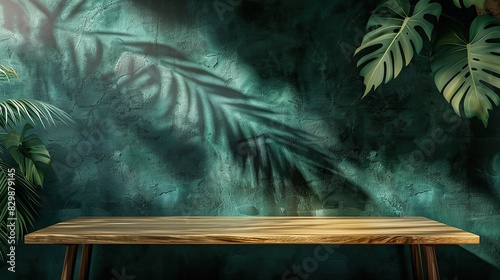 Empty table on dark green texture wall background. Composition with monstera leaves. Generative Ai