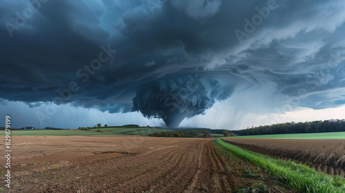 Powerful tornado forming over rural landscape with dark storm clouds