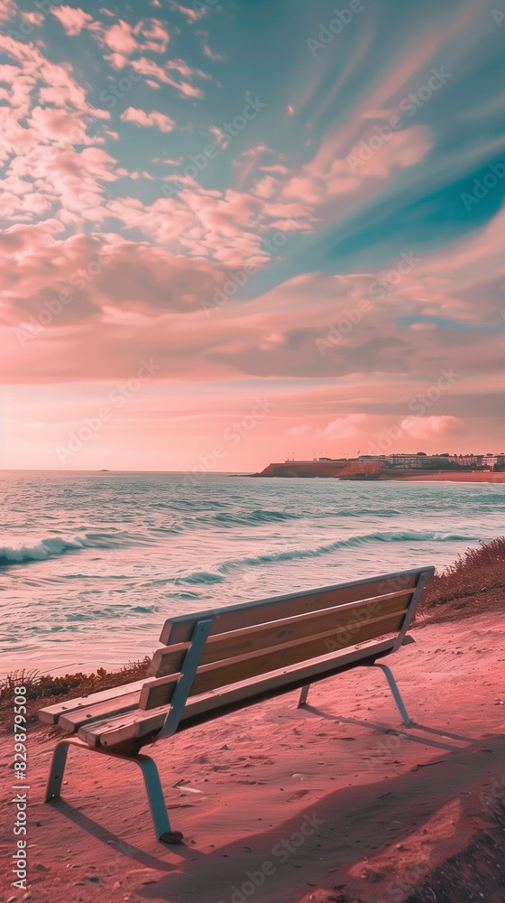 there is a bench on the beach near the ocean at sunset