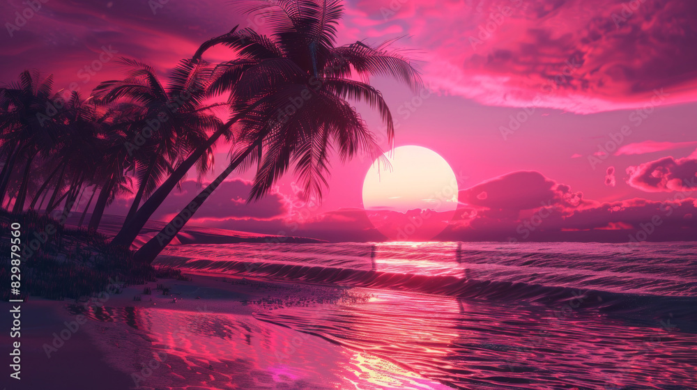 Neon sunset over tropical beach with palm trees and pink sky