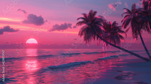 Stunning tropical sunset with vibrant palm trees and ocean waves