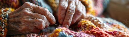 Elderly hands knitting a colorful wool scarf, the fingers skillfully manipulating the needles