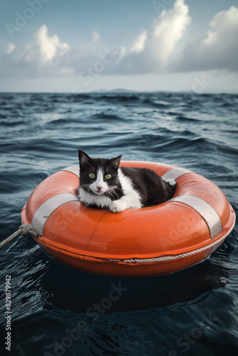 there is a cat that is sitting on a life preserver in the water photo