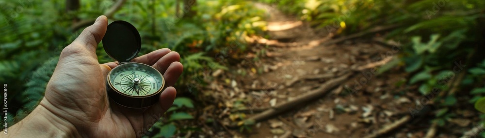 Hand holding a compass on a hiking trail, navigating through a dense forest Hand holding a compass on a hiking trail, navigating through a dense forest