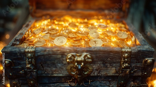 A rendered image of an open chest brimming with shiny gold coins, suggesting wealth and discovery © familymedia