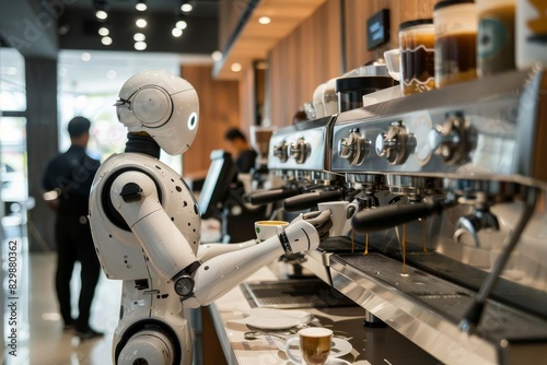 Robot barista serving coffee in a cafe, showcasing automation in the food service industry