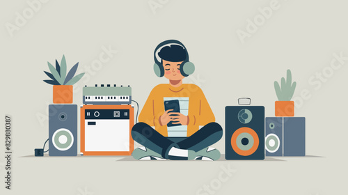 A guy in a wireless headphone listening to the music on mobile phone application illustration.