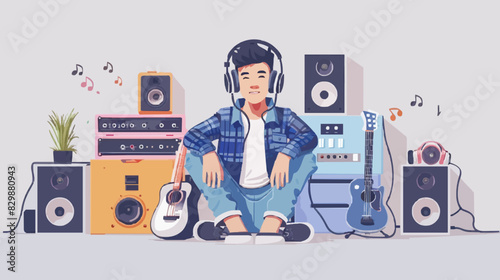 A guy in a wireless headphone listening to the music on mobile phone application illustration.