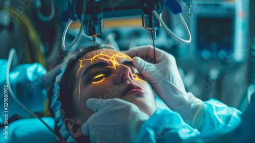 Person undergoing electroconvulsive therapy ECT for severe depression, under careful medical supervision photo