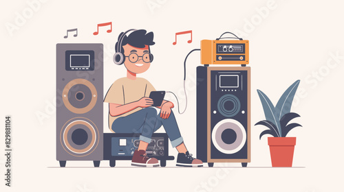 A guy in a wireless headphone listening to the music on mobile phone application illustration.