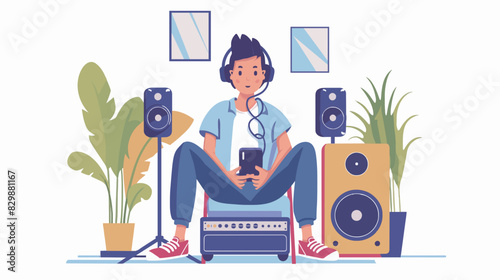 A guy in a wireless headphone listening to the music on mobile phone application illustration.